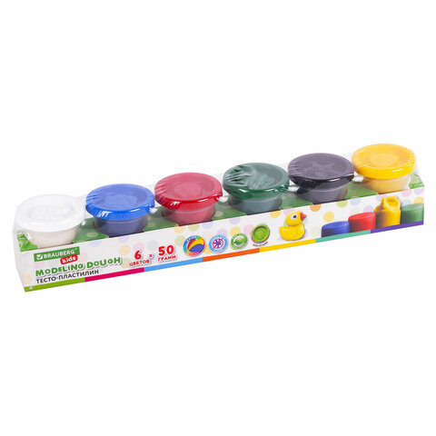 Пластилин-тесто для лепки BRAUBERG KIDS, 6 цветов, 300 г, яркие классические цвета, крышки-штампики