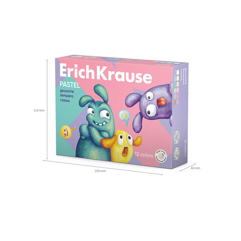 Гуашь ERICH KRAUSE «Jolly friends pastel» 12 цветов по 20 мл, картонная упаковка