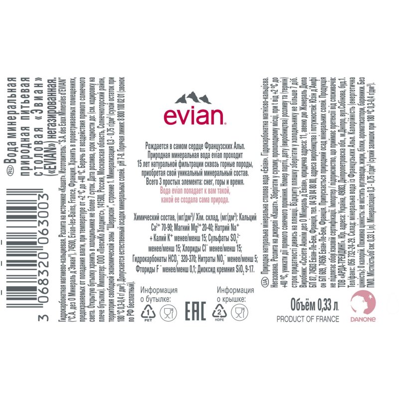Вода минеральная негазированная Evian (0.33л, 24 шт. в упаковке)