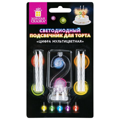 превью Цифра-подсвечник «2» светодиодная, ЗОЛОТАЯ СКАЗКА, в наборе 4 свечи 6 см, 1 батарейка