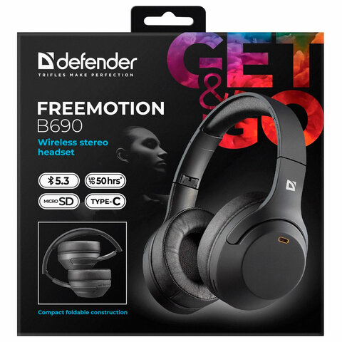 Наушники с микрофоном (гарнитура) DEFENDER FreeMotion B690, Bluetooth, беспроводные, черные