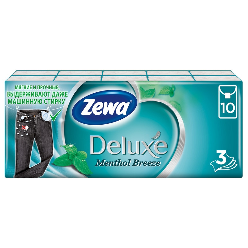 превью Платки носовые Zewa Deluxe Ментол 3-слойные белые (10 штук в упаковке)