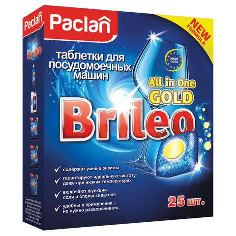 превью Таблетки для посудомоечных машин Paclan Brileo All in One Gold (25 штук в упаковке)