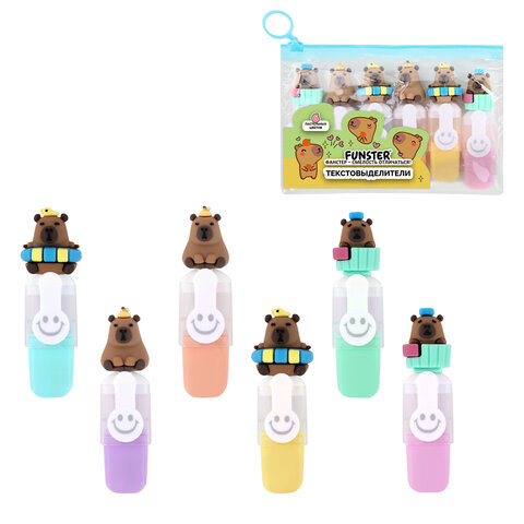 превью Набор текстовыделителей с топперами 6 ЦВЕТОВ ПАСТЕЛЬ, «КАПИБАРЫ», линия 1-4 мм, FUNSTER (ФАНСТЕР)