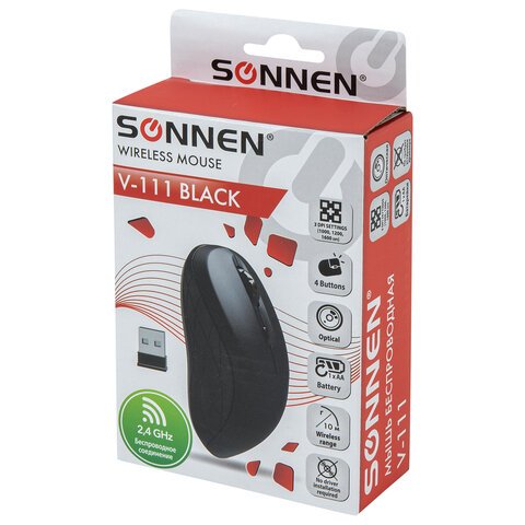 Мышь беспроводная SONNEN V-111, USB, 800/1200/1600 dpi, 4 кнопки, оптическая, черная