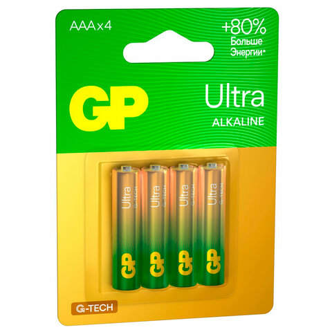 Батарейки КОМПЛЕКТ 4 шт., GP Ultra G-Tech, AAA (LR03, 24А), алкалиновые, мизинчиковые