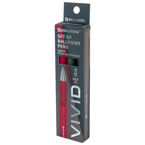 Ручки шариковые с грипом BRAUBERG «VIVID», НАБОР 3 ШТУКИ, СИНИЕ, SOFT TOUCH покрытие, узел 0.7 мм, линия письма 0.35 мм