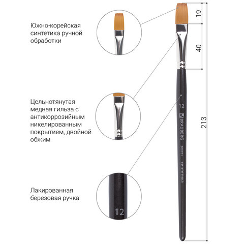 Кисть художественная профессиональная BRAUBERG ART, синтетика мягкая, под колонок, плоская, № 12, короткая ручка