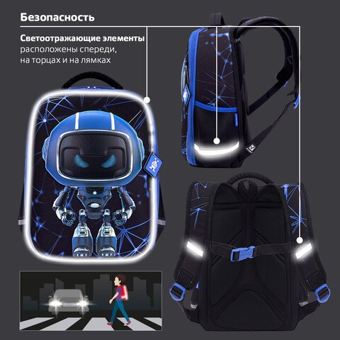 Ранец BRAUBERG LIGHT, 1 отделение, с брелоком, «Evil robot», 3D-панель, 36×26х13 см