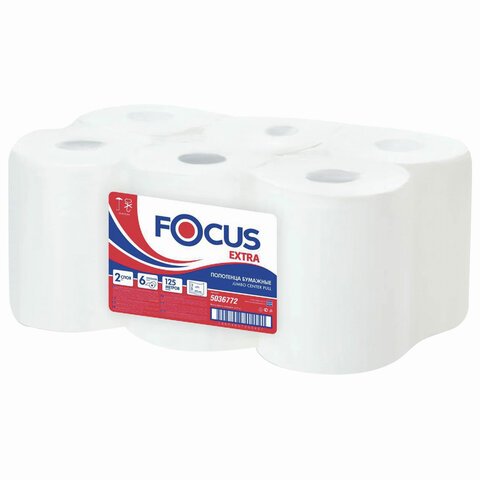 Полотенца бумажные с центральной вытяжкой 125 м FOCUS (Система М2) Jumbo, 2-слойные, белые, КОМПЛЕКТ 6 рулонов