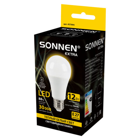 Лампа светодиодная SONNEN EXTRA, 12 (100) Вт, Е27, груша, теплый белый, 30000 ч, LED A60-12W-2700-Е27