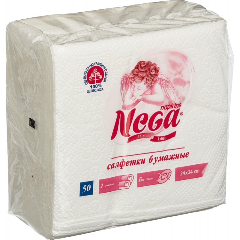 Салфетки бумажные, 50 шт., 24х24 см, 2-х слойные, "NEGA", белые, 100% целлюлоза