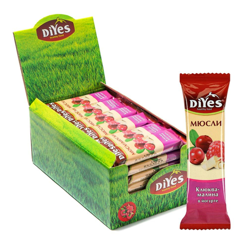 превью Батончик мюсли DiYes Клюква-малина в йогурте, 25гх36шт/уп