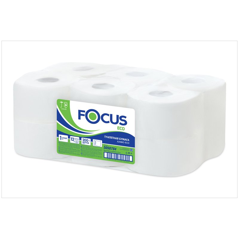 Бумага туалетная Focus Eco Jumbo, 1 слойн, 200 м/рул, тиснение, цвет белый