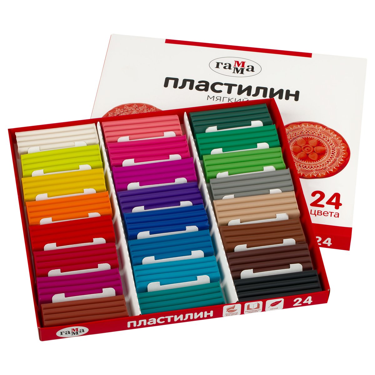 Пластилин Гамма, 24 цвета, 480г, со стеком, картон. упаковка
