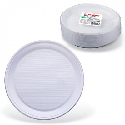 Одноразовые тарелки ЛАЙМА Бюджет, комплект 100 шт., пластиковые, плоские, d=220 мм, белые, ПС