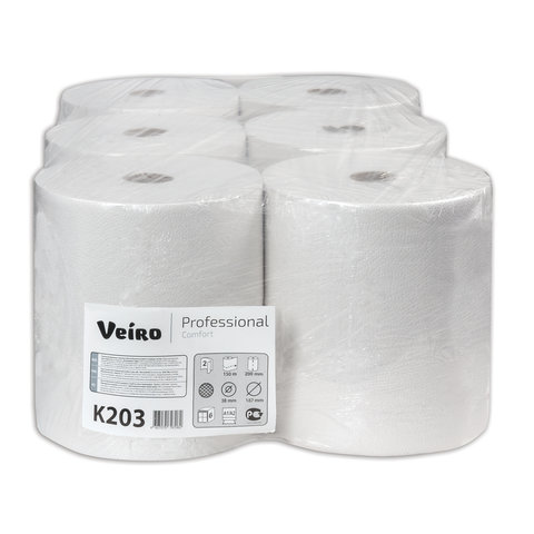 Полотенца бумажные рулонные VEIRO (Система A1, A2), комплект 6 шт., Comfort, 160 м, 2-слойные, белые, K203