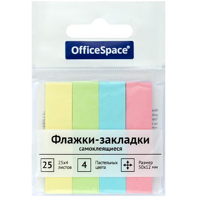 Флажки-закладки OfficeSpace, 50×12мм, 25л*4 пастельных цвета, европодвес