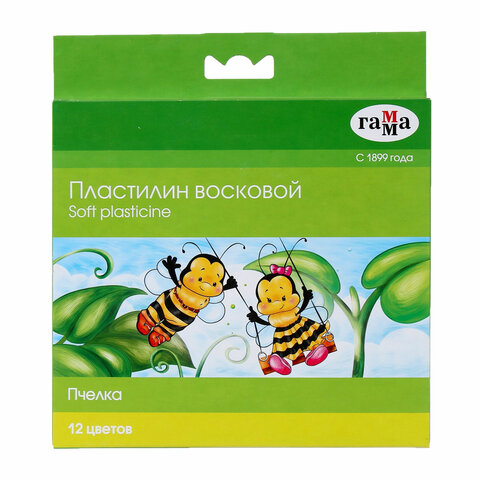 Пластилин восковой мягкий Гамма «Пчелка», 12 цветов, 180г, со стеком, картон. упак. 