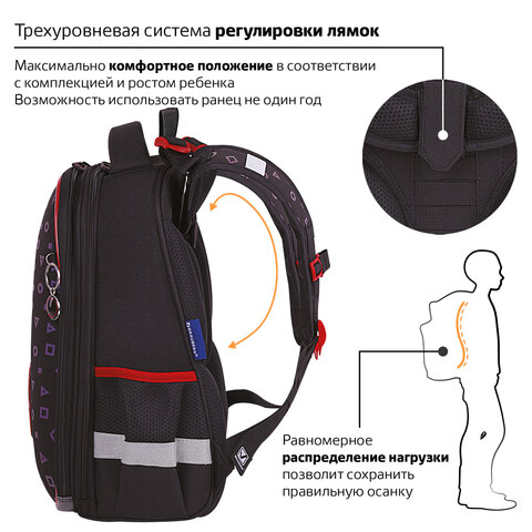 Ранец BRAUBERG LUMINOUS, 2 отделения, с брелоком, «Danger», СВЕТЯЩИЙСЯ РИСУНОК, 38×29х16 см