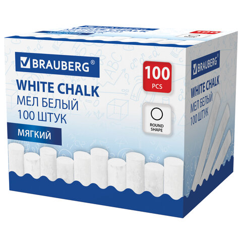 превью Мел белый круглый мягкий, 100 штук, BRAUBERG, картонная упаковка
