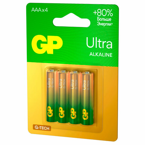 Батарейки КОМПЛЕКТ 4 шт., GP Ultra G-Tech, AAA (LR03, 24А), алкалиновые, мизинчиковые