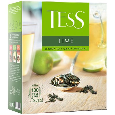 Чай Tess «Lime», зеленый с цедрой цитрусовых, 100 фольг. пакетиков по 1.5г