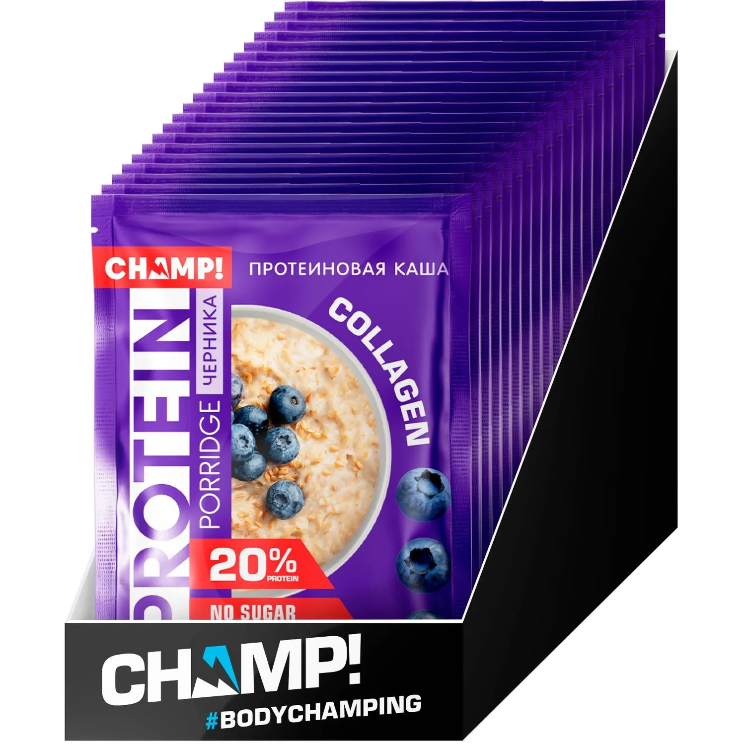 превью Каша протеиновая CHAMP! овсяная с черникой (10 штук по 40 г)