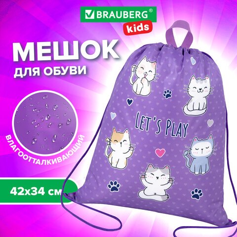 Мешок для обуви BRAUBERG KIDS, с петлей, 42×34 см, «Playing kittens»