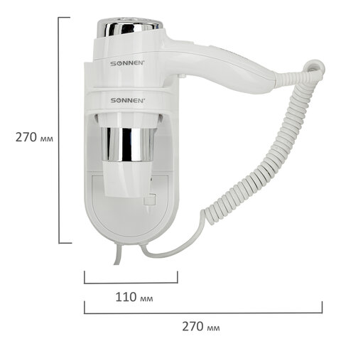 Фен для волос настенный SONNEN HD-2112 EXTRA POWER, 1600 Вт, 2 скорости, белый/хром