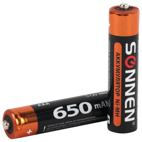 Батарейки аккумуляторные Ni-Mh мизинчиковые КОМПЛЕКТ 4 шт., AAA (HR03) 650 mAh, SONNEN