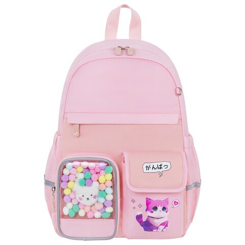 Рюкзак BRAUBERG PASTEL с термонашивками в комплекте, «Anime kitten», персиковый, 40×29х14 см