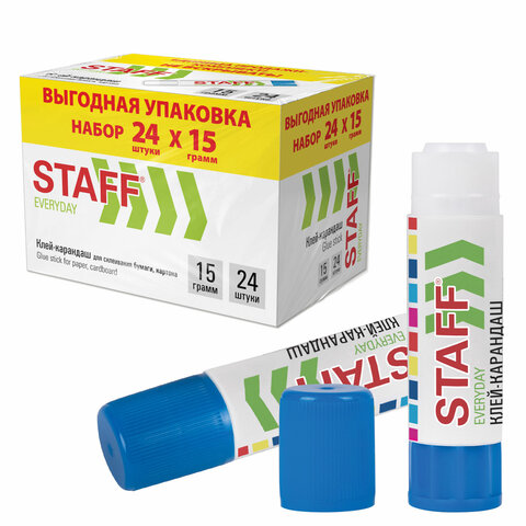 Клей-карандаш 15 г, ВЫГОДНАЯ УПАКОВКА, КОМПЛЕКТ 24 ШТУКИ, STAFF EVERYDAY