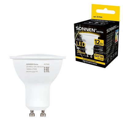 Лампа светодиодная SONNEN EXTRA, 12 (110) Вт, GU10, софит, теплый белый, 30000 ч, LED MR16-GU10-12W-2700