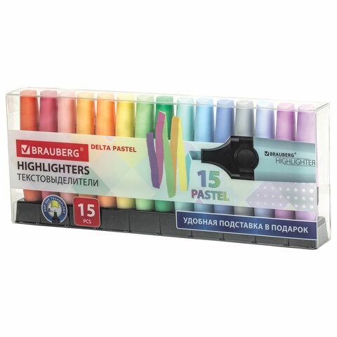Набор текстовыделителей 15 ПАСТЕЛЬНЫХ ЦВЕТОВ на подставке, BRAUBERG «DELTA PASTEL», линия 1-5 мм