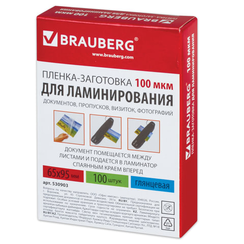 Пленки-заготовки для ламинирования BRAUBERG, комплект 100 шт., 65?95 мм, 100 мкм