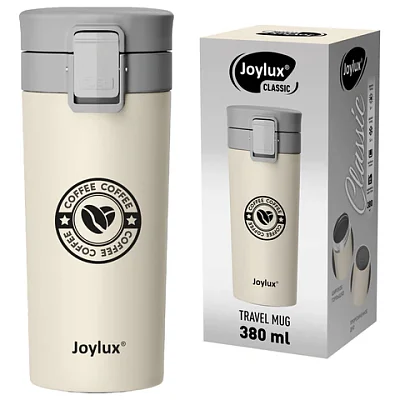 Термокружка 380 мл JOYLUX (ДЖОЙЛЮКС) CLASSIC COFFEE, нержавеющая сталь SUS304, бежевый с принтом