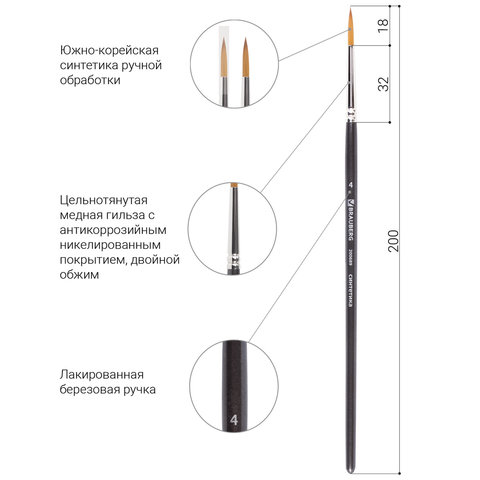 Кисть художественная профессиональная BRAUBERG ART, синтетика мягкая, под колонок, круглая, № 4, короткая ручка