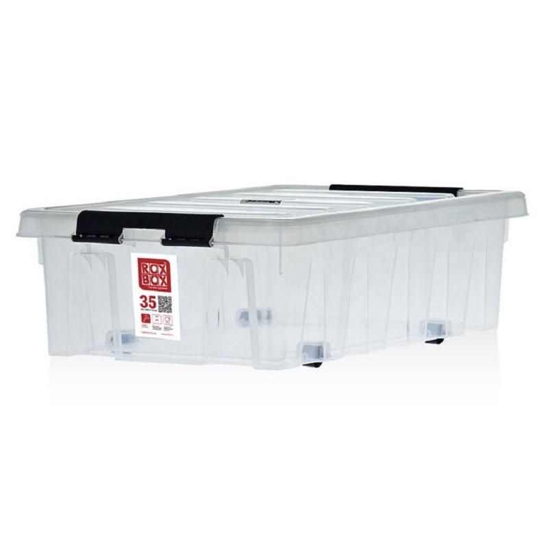 Ящик п/п 580×390х180 мм Rox Box 35 с крышкой и клипсами, на роликах, прозр