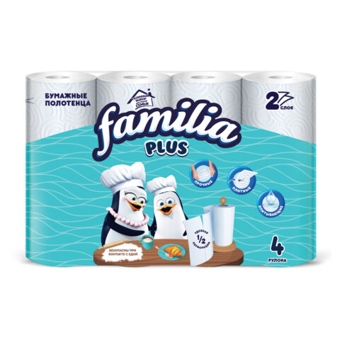 превью Полотенца бумажные бытовые, спайка 4 шт., 2-слойные (4×12 м), FAMILIA PLUS, 22.7×12 см, белые