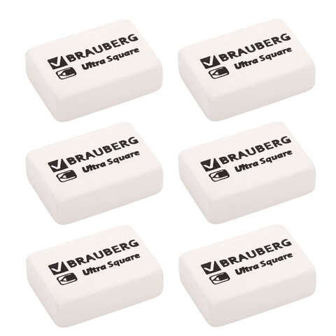 Ластики BRAUBERG «Ultra Square» 6 шт., размер ластика 29×18х8 мм, белые, натуральный каучук