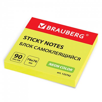 Блок самоклеящийся (стикер), BRAUBERG, НЕОНОВЫЙ, 76×76 мм, 90 л., желтый