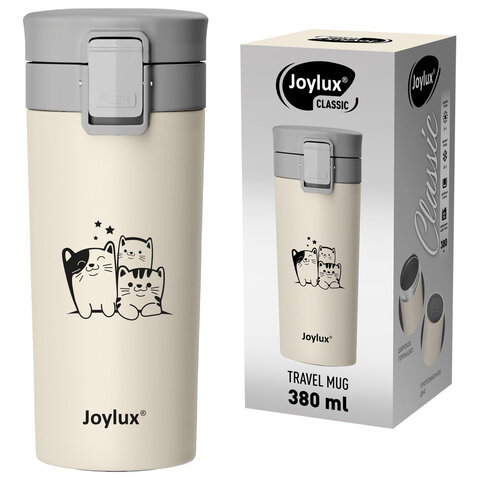 превью Термокружка 380 мл JOYLUX (ДЖОЙЛЮКС) CLASSIC CAT, нержавеющая сталь SUS304, бежевый с принтом