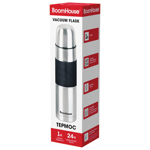 Термос 1 л, BOOMHOUSE (БУМХАУС) CLASSIC, нержавеющая сталь SUS304, черный силиконовый рукав, крышка/кружка