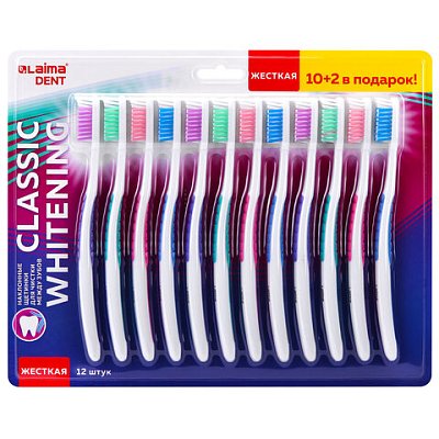 Зубная щетка жесткая CLASSIC WHITENING, КОМПЛЕКТ 12 шт. (10 + 2 в подарок), LAIMA DENT