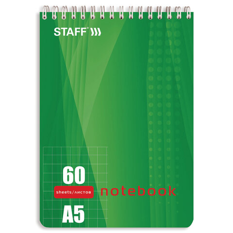Блокнот А5, 60 л., гребень, жесткая подложка, клетка, STAFF, 4 вида, 146×206 мм