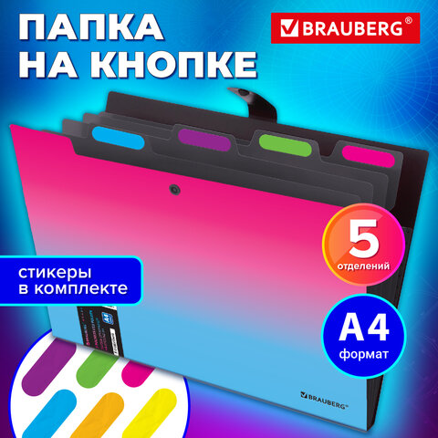 Папка-органайзер на кнопке 5 отделений, BRAUBERG GRADE, A4, розово-голубой градиент