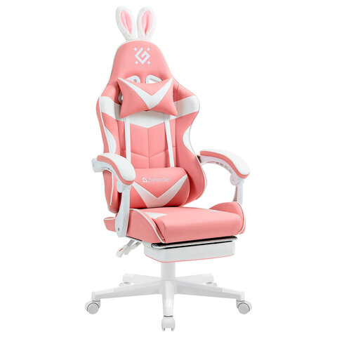 превью Кресло компьютерное DEFENDER Irifi, 2 подушки, подставка для ног, экокожа, розовое/белое, ш/к 26630