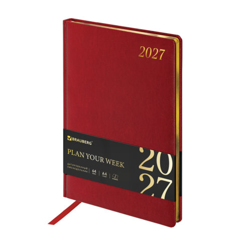 превью Еженедельник датированный 2027, БОЛЬШОЙ ФОРМАТ, 210×297 мм, А4, BRAUBERG «Iguana», под кожу, красный