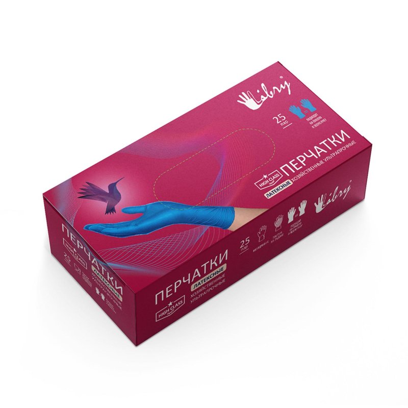 Перчатки одноразовые латекс Libry High Risk синие (M) 25пар./уп, ПС